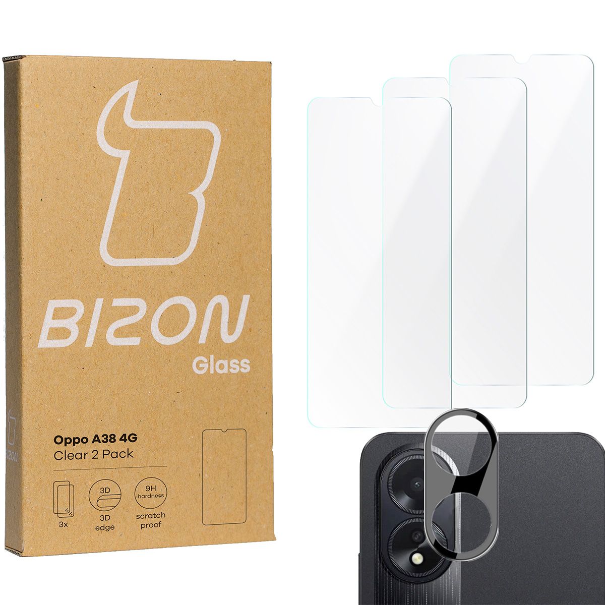 Szkło hartowane Bizon Glass Clear - 3 szt. + obiektyw, Oppo A38 4G
